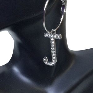 SILVER Initial Hoop earrings letter J faux diamond rhinestones